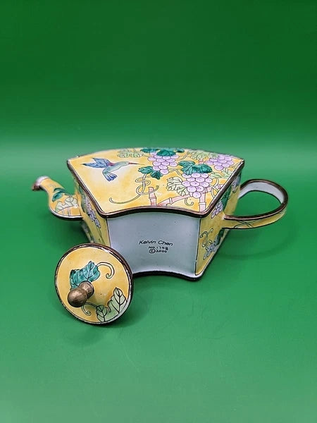 Kelvin Chen Miniature Teapot Porcelain Piece With Hummingbird and Grapes