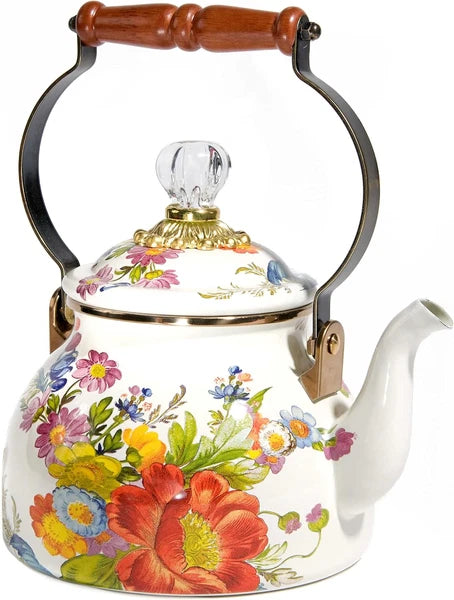 Enamel Tea Kettle, Stylish Tea Kettle for Stovetop, White Flower Market, 2 Quart