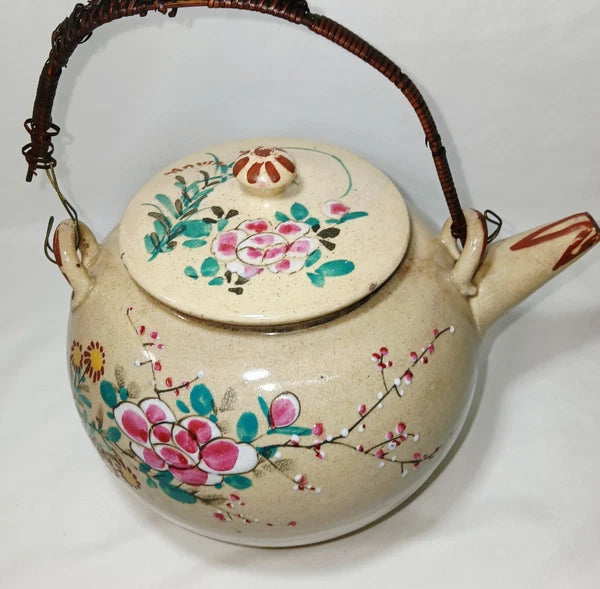 Antique Japanese Yellow Ware Ceramic Famille Rose Raised Enamel Teapot