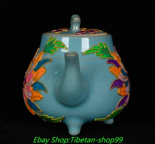 5.7''Old Song Dynasty Ru Kiln Enamel Colour Porcelain 3 leg Wine Tea Pot Flagon