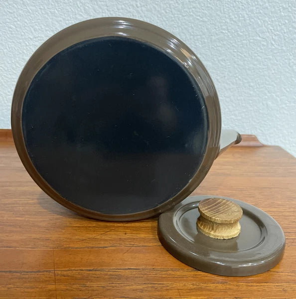 Mid Century Brown Enamel Tea Pot with Blue Enamel Interior