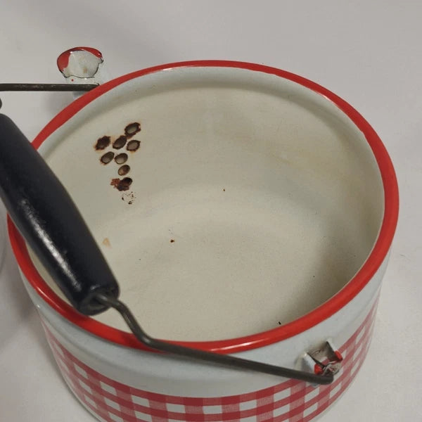 Enamelware Red White Gingham Check Teapot Kettle Metal Rustic Farmhouse Decor