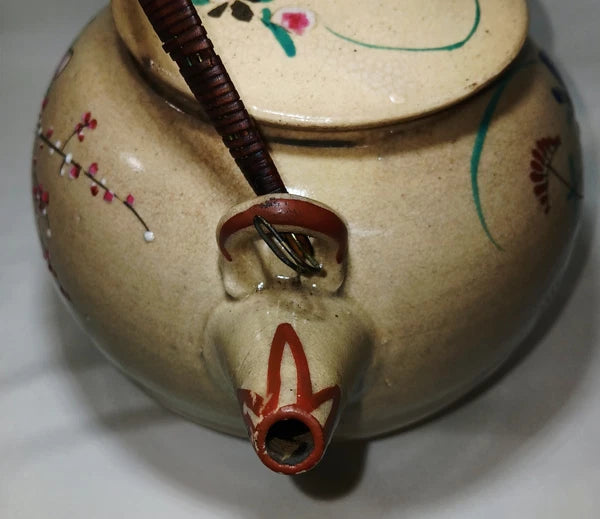 Antique Japanese Yellow Ware Ceramic Famille Rose Raised Enamel Teapot