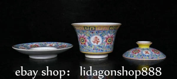 4.4" Yongzheng Marked Enamel Porcelain Flower Words Pattern Tea Cup Gaiwan Pair