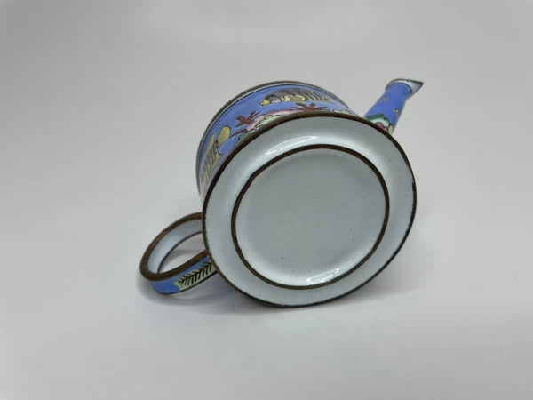 Vintage Blue Tropical Fish Pattern Enamel on Copper Miniature Teapot