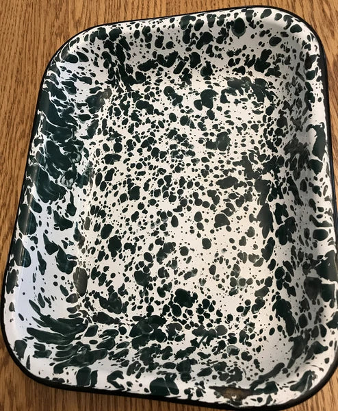 Green & White Speckled Enamel Lot Of 3 Coffee Tea Pot, Rectangle & Round Pan B38