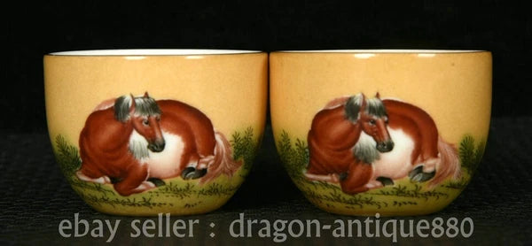 5.6" Old China Yongzheng Marked Colour Enamel Porcelain Horse Teacup Teapot Set