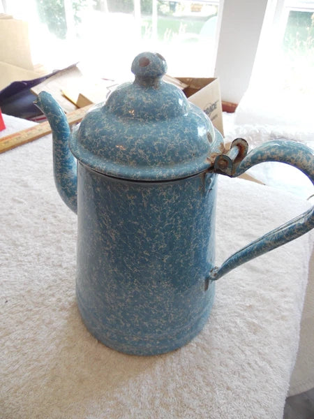 Vtg Blue & White Speckled Graniteware Enamelware 10" Tea Pot Coffee Gooseneck