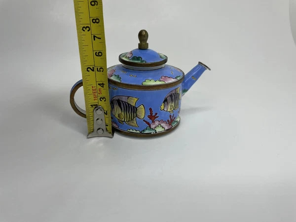 Vintage Blue Tropical Fish Pattern Enamel on Copper Miniature Teapot