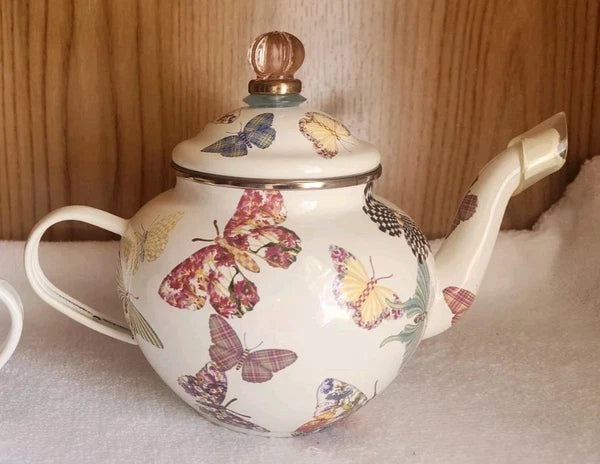Retired - Mackenzie Childs White Butterfly Garden 4 Cup Teapot NWOT