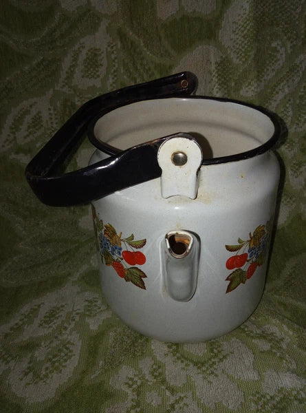 Vintage 70’s Red berries White Enamel Teapot Metal Kettle