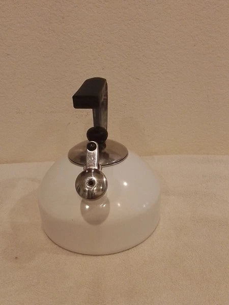 Vintage Whistling White Tea Kettle Tea Pot Enamel On Steel