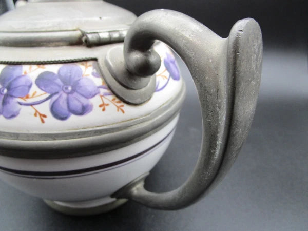 Graniteware enamel pewter teapot purple floral design Manning, Bowman Co.