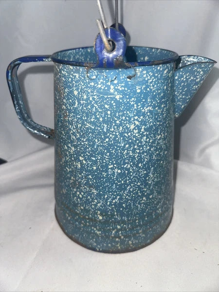 Enamel Speckled Coffee Tea Pot  Blue White Country Kettle Vintage No Lid