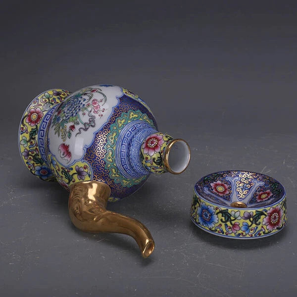 7.7"ChinaColour Enamels Porcelain Gild Embossed Decoration Flowers Plants Kettle