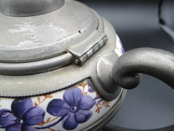 Graniteware enamel pewter teapot purple floral design Manning, Bowman Co.