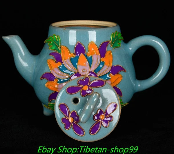 5.7''Old Song Dynasty Ru Kiln Enamel Colour Porcelain 3 leg Wine Tea Pot Flagon