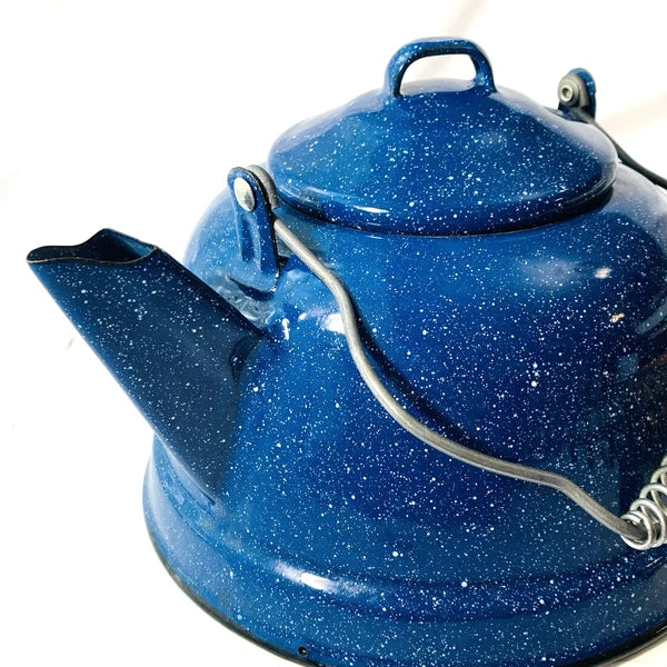 Vintage Cobalt Blue & White Speckled Enamelware Tea Pot Camping Kettle