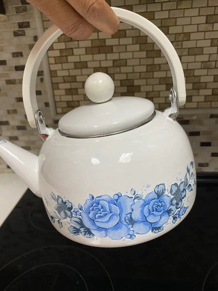 Vintage Enamel Lincoware Tea Pot Kettle White with Plastic Handle-Blue Flowers