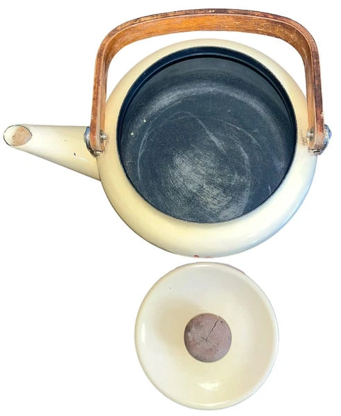 VTG Enamel Coated  Farmhouse Tea Kettle Wooden Handle Cream W/ Red Barn Rooster