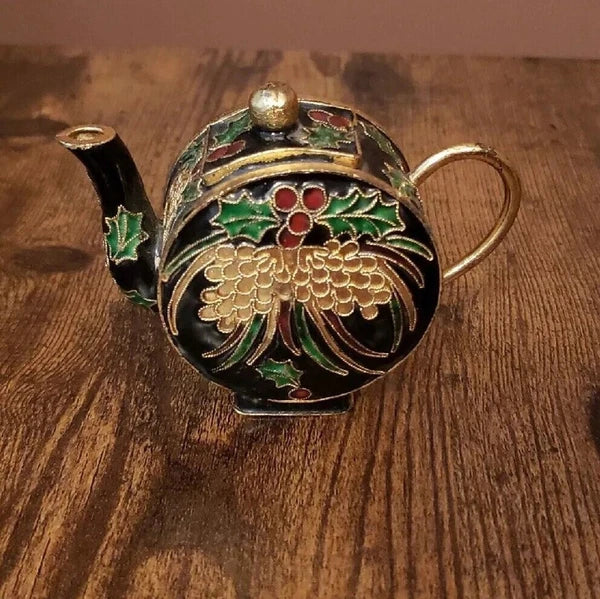 Miniature Decorative Enamel Teapot Black Gold Red Green Cloisonne Holly Berry
