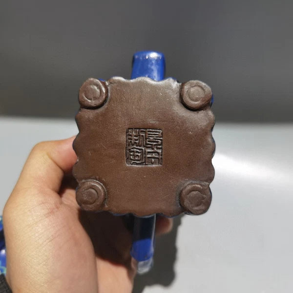 Chinese Clay Pot Purple Sand Fired Bamboo Enamel Square Sculpture Oriental Decor