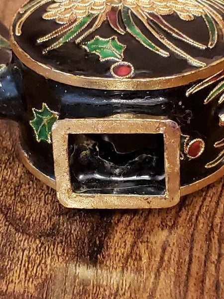 Miniature Decorative Enamel Teapot Black Gold Red Green Cloisonne Holly Berry