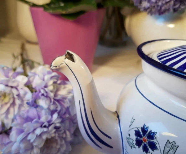 RARE antique enameled french teapot BB freres blue flowers stripes 1930 Art Deco