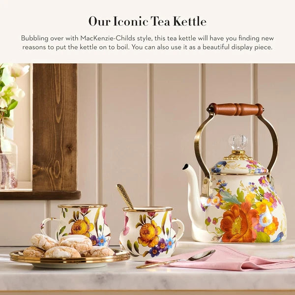 Enamel Tea Kettle, Stylish Tea Kettle for Stovetop, White Flower Market, 2 Quart