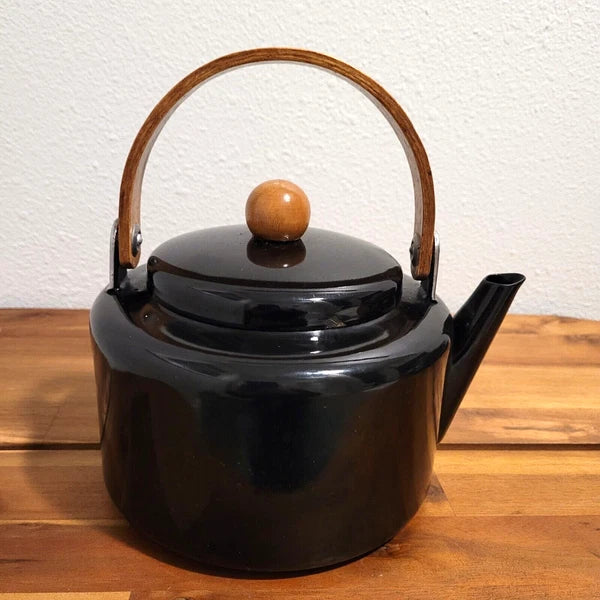 Vintage Copco-Style Black Enamel Tea Kettle Unbranded With Wood Handle & Knob