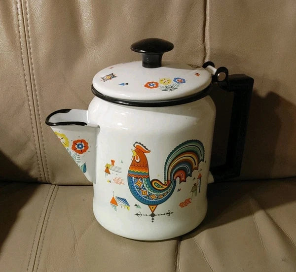 Vintage BERGGREN Enamel Coffee Pot Kettle Swedish Rooster Flower EXQUISITE Shape
