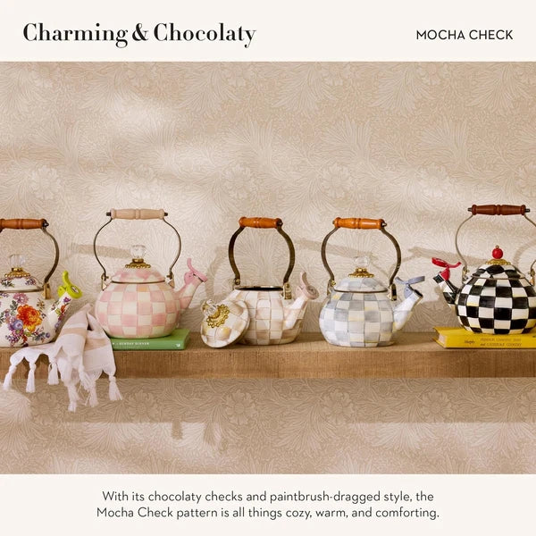 Enamel Whistling Tea Kettle, Decorative Teapot for Stovetop, Brown-And-White Moc