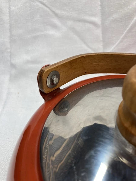 Vintage Teapot Kettle Brown MCM Retro Wooden Handle Japan Coffee Enamel