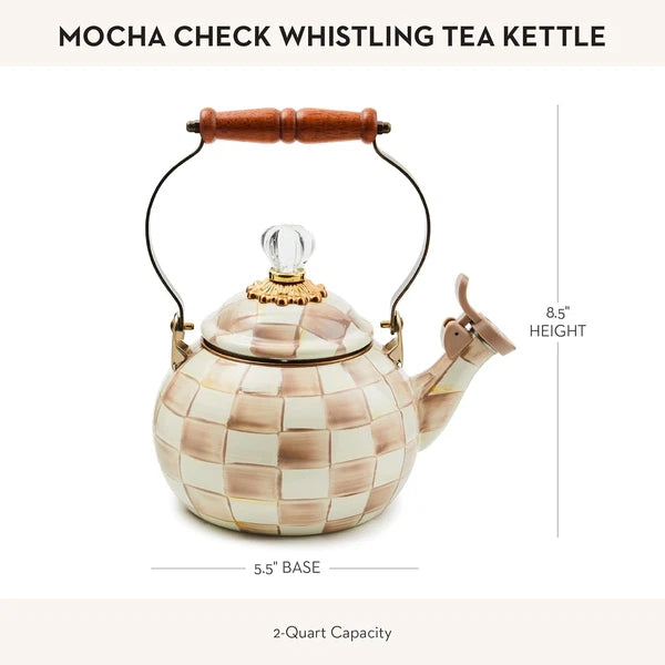 Enamel Whistling Tea Kettle, Decorative Teapot for Stovetop, Brown-And-White Moc