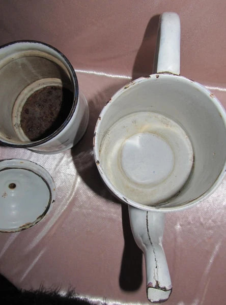 Large White Enamel Coffee Pot With Rose And Pansy Decoration H 36 Cm