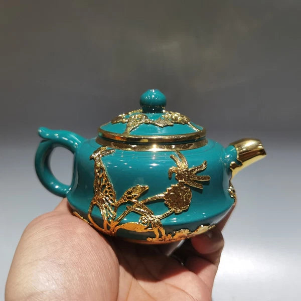 5.5" China Yixing Zisha Pottery Colour Enamels Red Clay 260CC Gild Flower Teapot