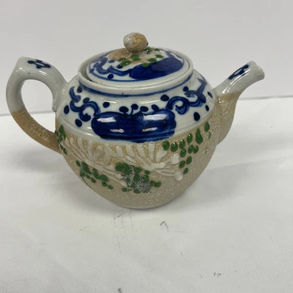 Japanese Pottery Impasto Enamel Decorated Teapot Early 1900's Lid Cracked
