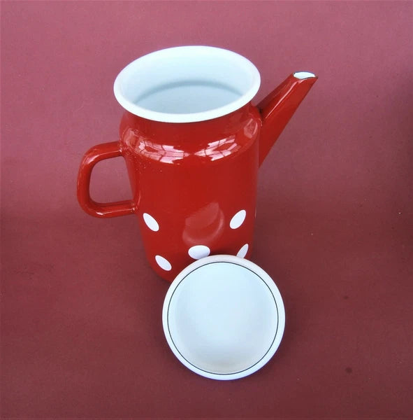 Vintage Munder Email Enamel Tea Pot Red Water Jug with Lid Polka Dots Germany