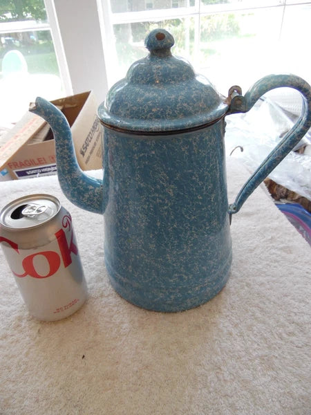 Vtg Blue & White Speckled Graniteware Enamelware 10" Tea Pot Coffee Gooseneck