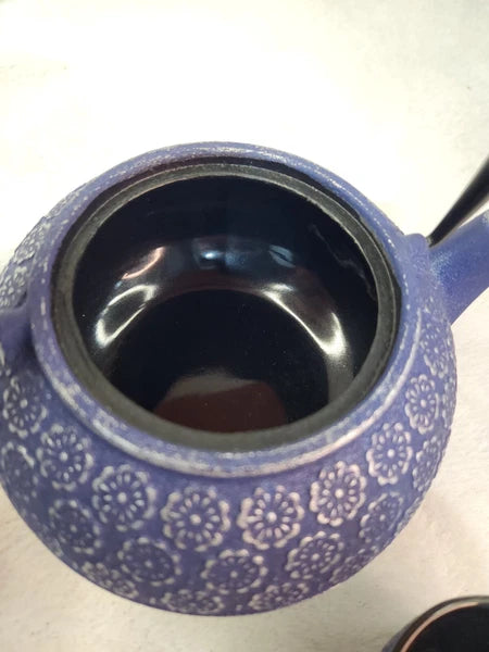PRIMULA 34oz Blue Floral TEAPOT And Cups Cast Iron , Mesh tea Infuser Enamel New
