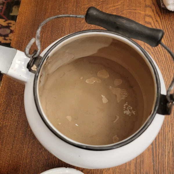 Vintage Enamelware Tea Kettle White Black