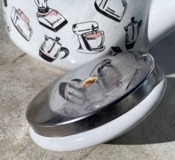 Vintage Retro Enamel Tea Pot Adorned With Pink Black 50’s Appliance Pictures