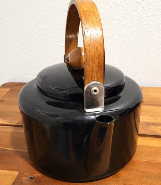 Vintage Copco-Style Black Enamel Tea Kettle Unbranded With Wood Handle & Knob