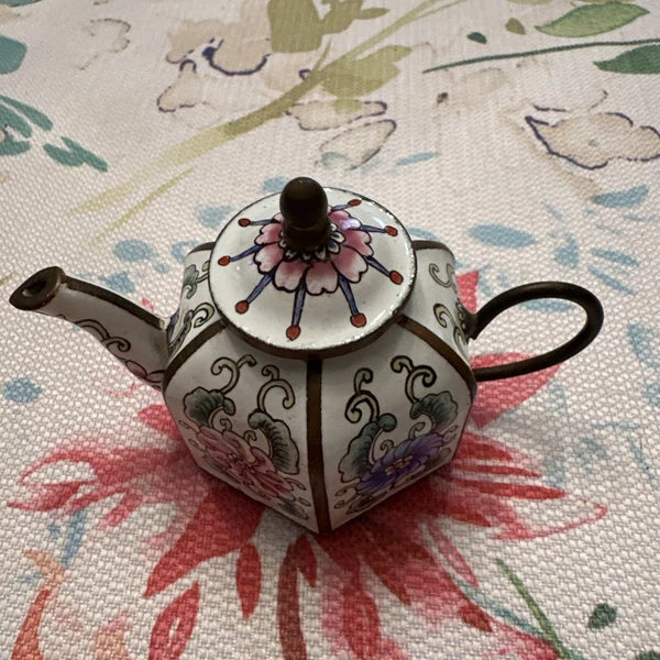 Mini Chinese Cloisonné Enameled Floral Glaze White Blue Pink Teapot 4” L - 3” H