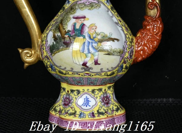 12.5" Qing Enamel Colour Porcelain Gilt Dragon Handle Beauty Wine Tea Pot Flagon-