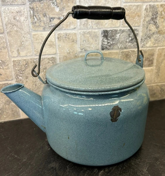 Large Blue Spatterware Enamel Tea Kettle