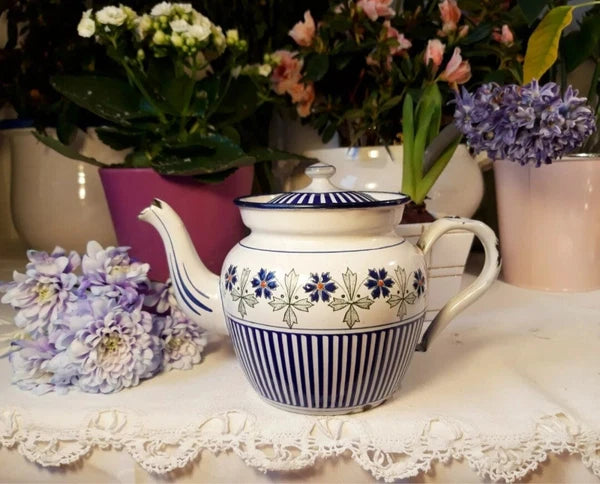 RARE antique enameled french teapot BB freres blue flowers stripes 1930 Art Deco