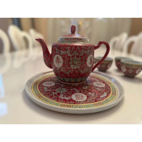 Chinese Wan Shou Wu Jiang Red Enamel Tea Set