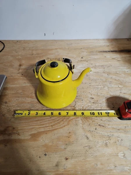 Vintage yellow and black enamel teapot kettle with handle and lid Japan
