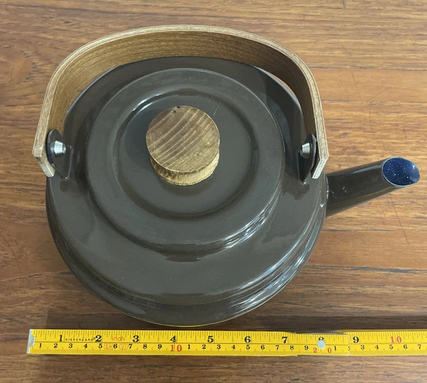 Mid Century Brown Enamel Tea Pot with Blue Enamel Interior